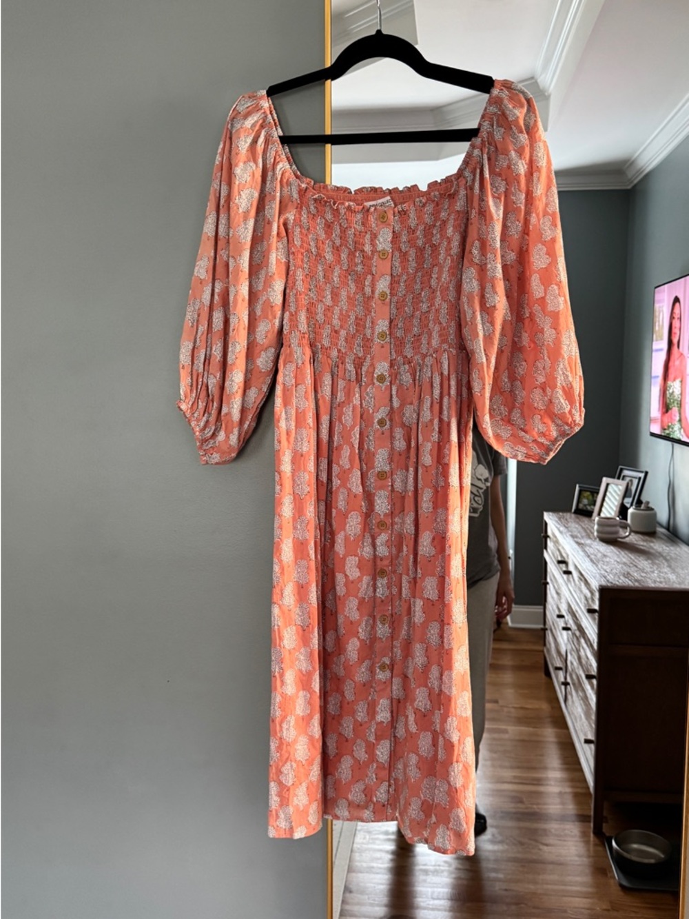 Emerson Fry Peach and White Floral Smocked Midi Dress